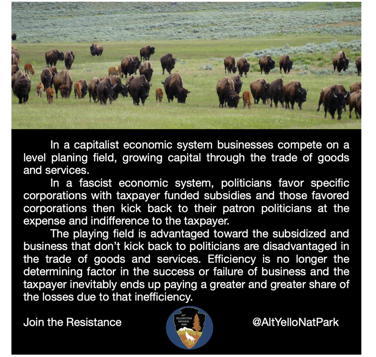 AltYelloNatPark's tweet photo. By removing subsidies we return to the fair marketplace competition described by capitalism. We save $70 billion annually. We could return an additional ~700 billion acres to the current 600 billion acre public lands trust and we could;

REWILD 1.3 BILLION ACRES IN THE WEST https://t.co/fh4a5bUDya