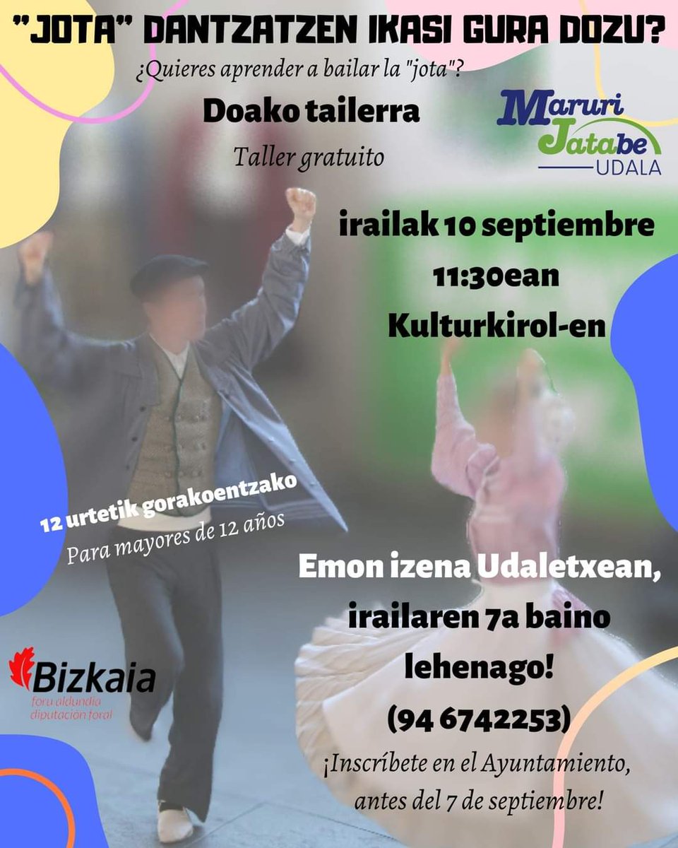 EDantzan's tweet photo. JOTA DANTZATZEN IKASTEKO TAILERRA
● Maruri-Jataben
● Irailak 10 septiembre, 11:30ean
● Kulturkirolen
● Emon izena udaletxean!
DOAN- GRATUITO
@korrontzi_folk
#jota #dantza #folklorea https://t.co/HvaUJzUPpM