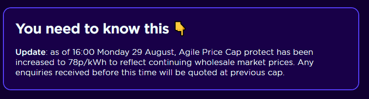 energystatsuk's tweet photo. Another Agile price cap increase is coming.

From current 55p per unit to 78p.

https://t.co/s40A0ftn0a

I can't see a new API endpoint yet.  But will keep an eye out and update the site/code etc when I can. https://t.co/T5LX9VoLsg