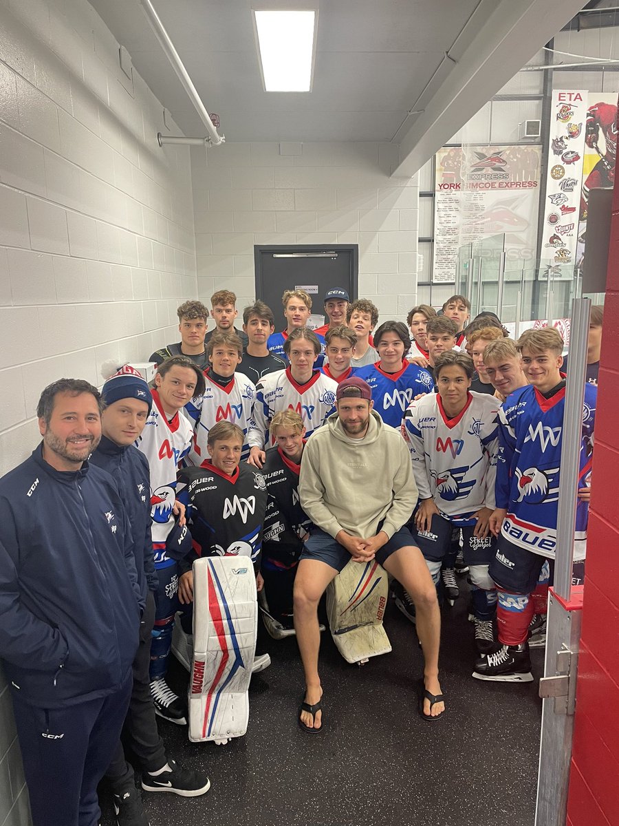 JeffMarek's tweet photo. Here’s the picture I referenced in our 32 pod with Leon Draisaitl. This is Leon visiting his former junior team in Mannheim (U20 Jungladler) at St Andrew’s College in Aurora, ON. What a thrill for those kids. https://t.co/szR36EO5dx