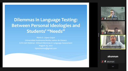 ILTAonline's tweet photo. Dr. Mario Lopez Gopar discussed the challenges of addressing accountability and accreditation needs and pursuing a de-colonialist agenda.
#ILTAonline #ILTAGSA #ILTAWebinarSeries #EthicalDilemmasinL2Assessment https://t.co/1JbJrb9msA