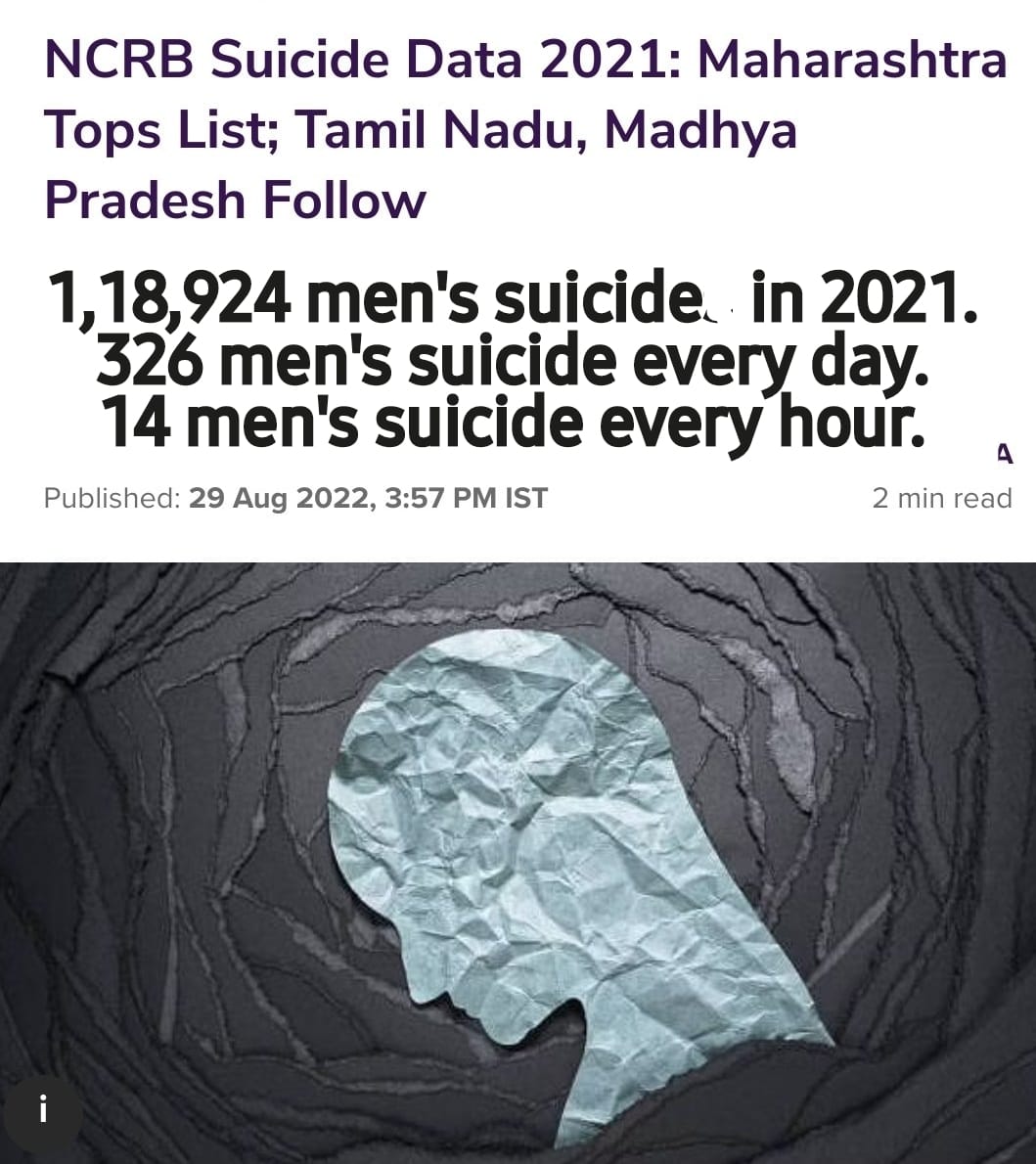 cskkanu's tweet photo. Men's suicide rate is increasing day by day

118924 men's suicide in 2021.

34% suicides of men are because of family problems

It's govt sponsored murder because of #GenderBiasedLaws https://t.co/7s3M053w2W
