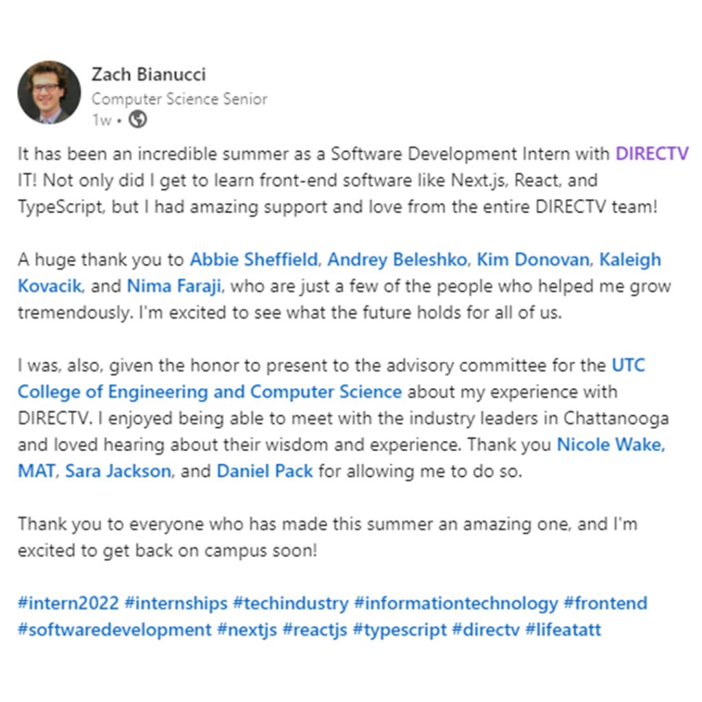 Kudos to software development intern Zach Bianucci for sharing about his @DIRECTV experience 👏 

We loved having you be a part of #TeamDIRECTV for the summer!