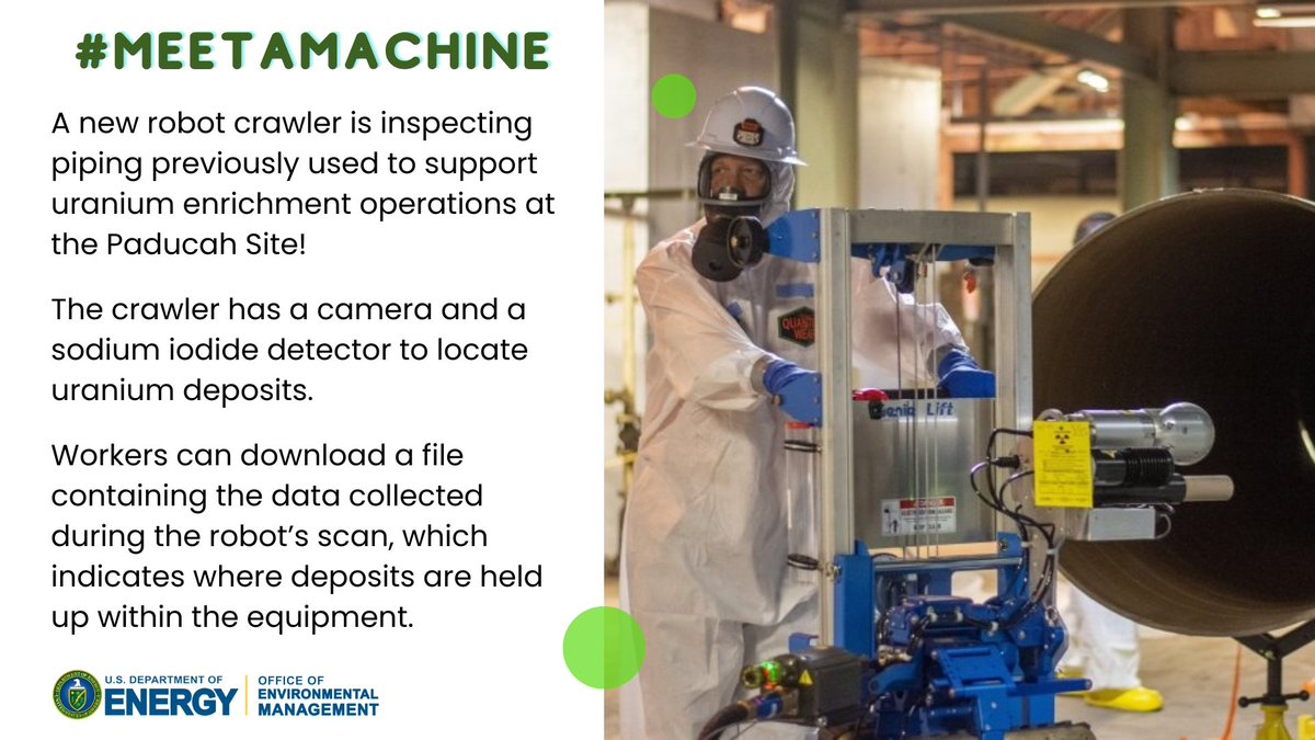 EMcleanup's tweet photo. Workers are introducing a first at EM’s Paducah Site — use of robot technology — to set the stage for future deactivation and remediation work at the former Paducah Gaseous Diffusion Plant (PGDP). #MeetAMachine https://t.co/E32KVJpY6s