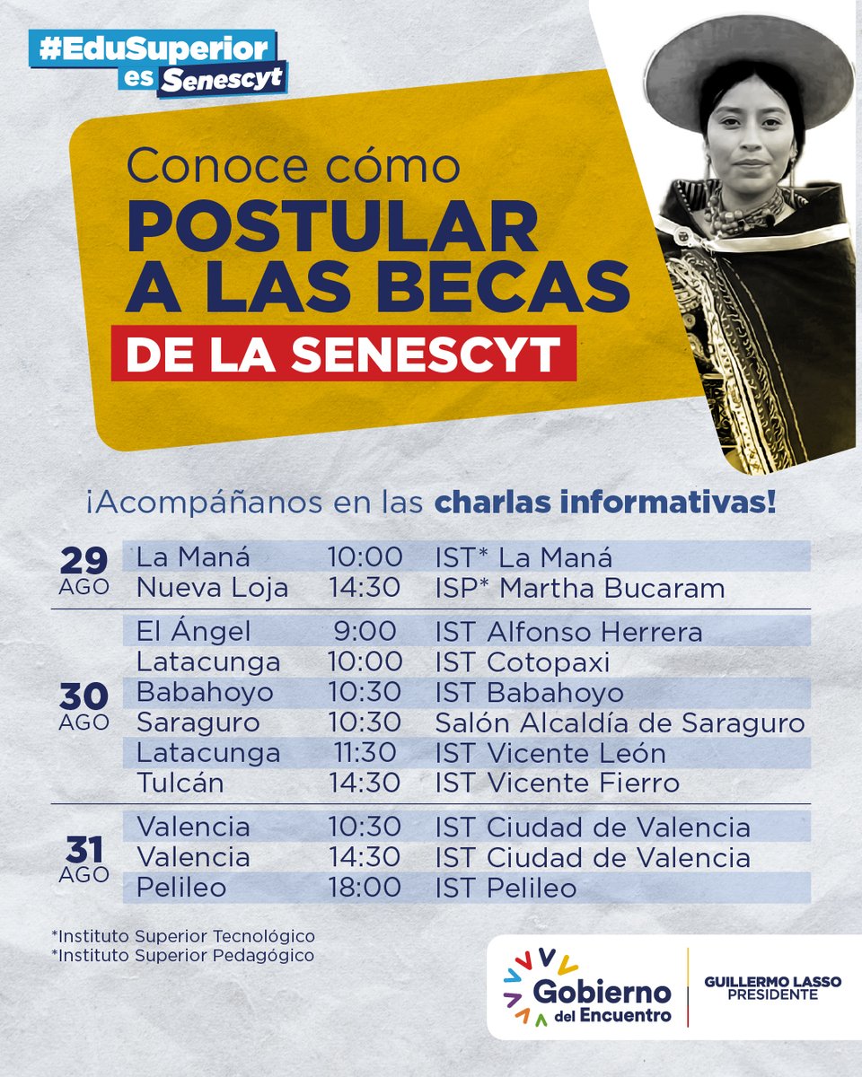 EduSuperiorEc's tweet photo. ¡Atención!

Conoce cómo acceder a los programas de becas y ayudas económicas de la Senescyt.

👉 4 programas de estudio
🏷️ USD 12.7 millones de inversión
🏷️ 3 339 beneficiarios
Más info en https://t.co/95Q73fSMQW

Participa en nuestras charlas informativas 👇 https://t.co/VAUQOVYCFL