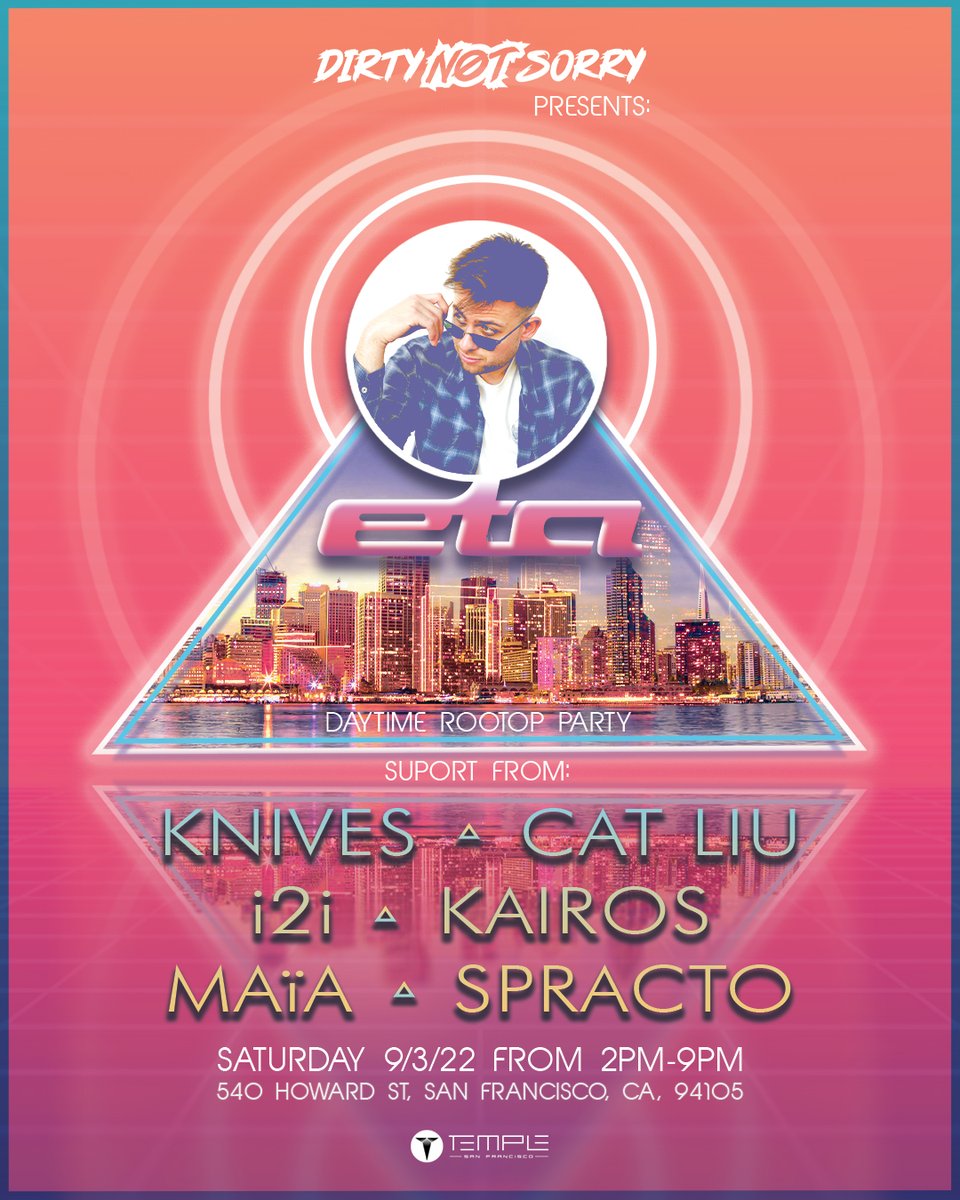 ☀️ THIS SATURDAY ☀️ It's Labor Day weekend so we're celebrating at a day-time rooftop party <a href="/Temple_SF/">Temple San Francisco</a> and headliner <a href="/ETAsounds/">eta</a> from LA 🎶

W/<a href="/DJ_I2I/">i2i</a> + <a href="/dj_knives/">DJ Knives</a> + Cat Liu + Kairos + Maïa + <a href="/spracto/">Spracto</a> on Support 🔊

Text us now for FREE Guest-list 📲 ✅👉 Bbit.ly/3QW0AwV