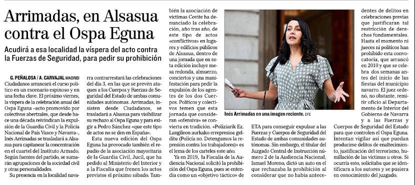 CPerezNievas's tweet photo. @CiudadanosCs va a Alsasua a agradecer a la @guardiacivil y demás FFCCSE su dedicación y esfuerzo realizado en circunstancias extraordinariamente difíciles. 

Antes de que el sábado les demuestren odio, nosotros queremos demostrarles apoyo, cariño y respeto. No hay más. Ni menos. https://t.co/bFGuo7VF2r