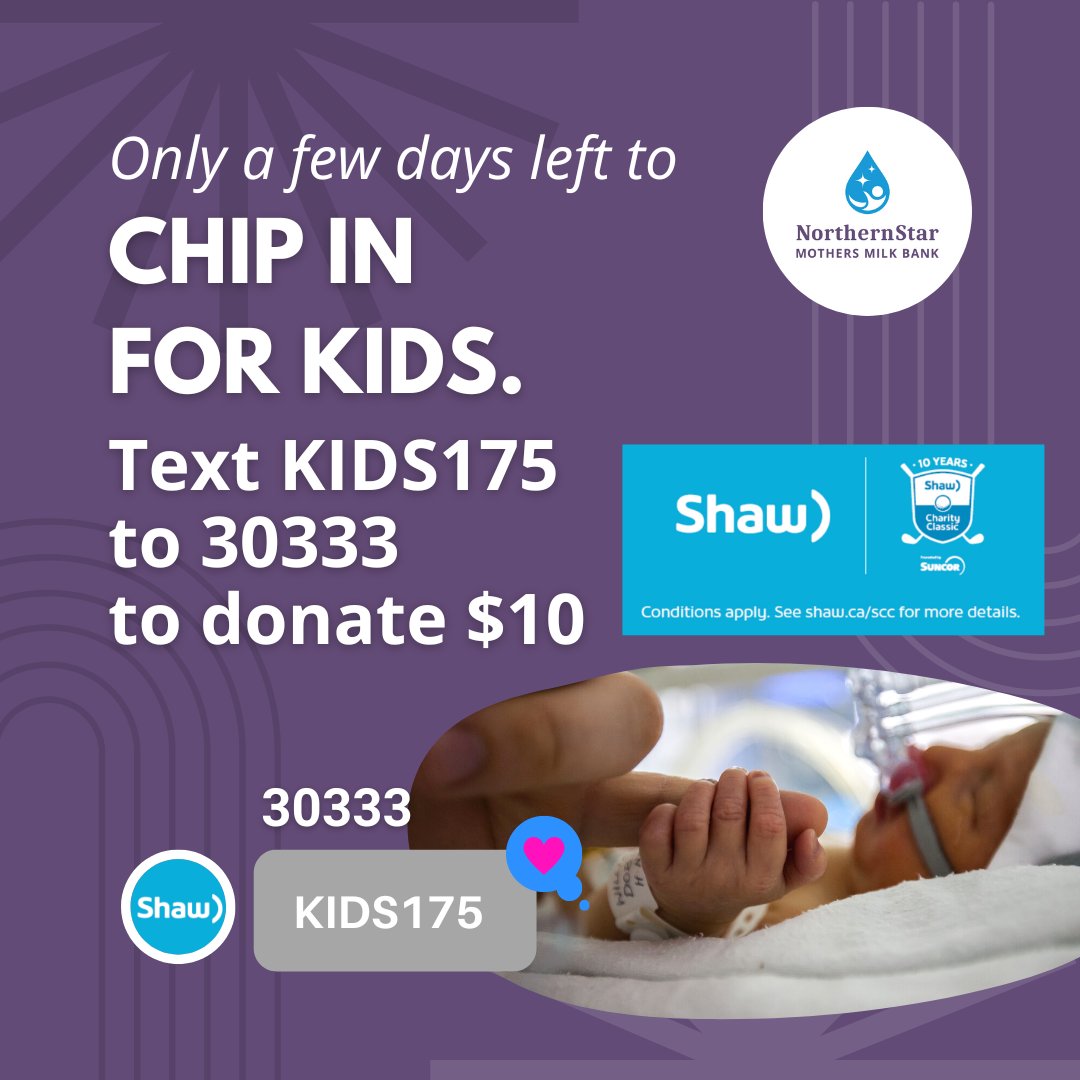 NorthernStarMB's tweet photo. ✨ Only a few days left for donations matched by Shaw - ends Aug 31!
⭐ #ChipinforKids - text KIDS175 to phone # 30333 to make a $10 donation. 
⭐ #BirdiesforKids - donate any amount &amp; Shaw matches up to 50%! https://t.co/NHldFzZGvh 
All funds go to Community Care Fund @ NMMB 💜 https://t.co/i37qXBboS9