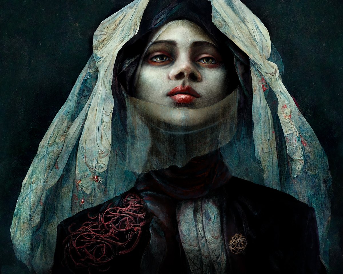 Digital paintover of one AI-generated image.

Sometimes, AI gives me an image that's not what I want, but it has good bones. I use these to test painting techniques. The face, veil and body are 100% repainted using <a href="/grutbrushes/">GrutBrushes</a>  but the nun's habit is as-is!
#midjourney #aiart