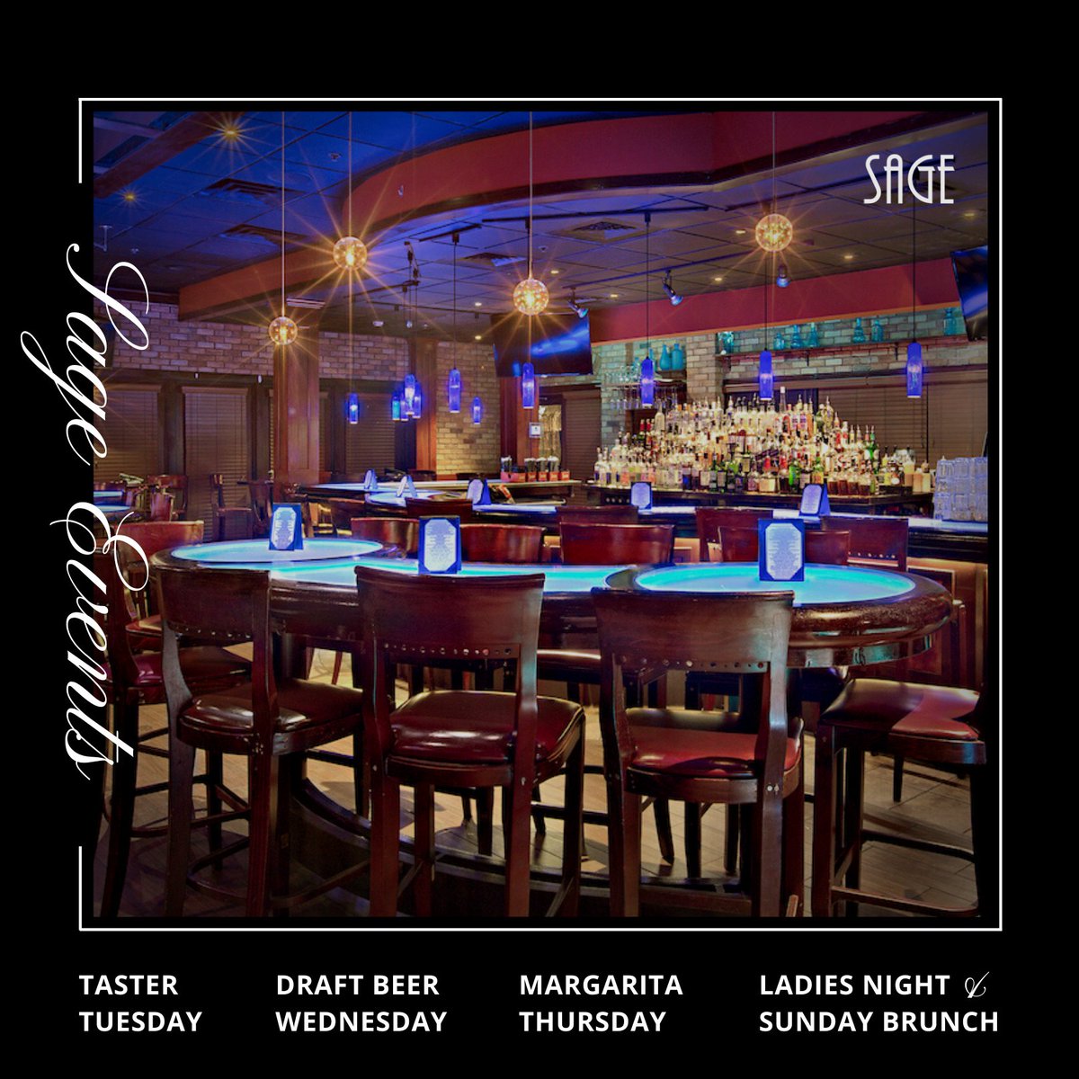 SagePerimeter's tweet photo. Weekly events at Sage:

🍷Taster Tuesday
🍻Draft Beer Wednesday
🍹Margarita Thursday
💃Ladies Night Friday &amp; Saturday
🍾Bottoms Up Brunch

Need a reservation?
https://t.co/KN30oeyi2A

#nightlifeatlanta #atlantaeats #sagewoodfiretavern #atlantaga #dunwoodyga #perimetermall https://t.co/kOpWp4r3Mc