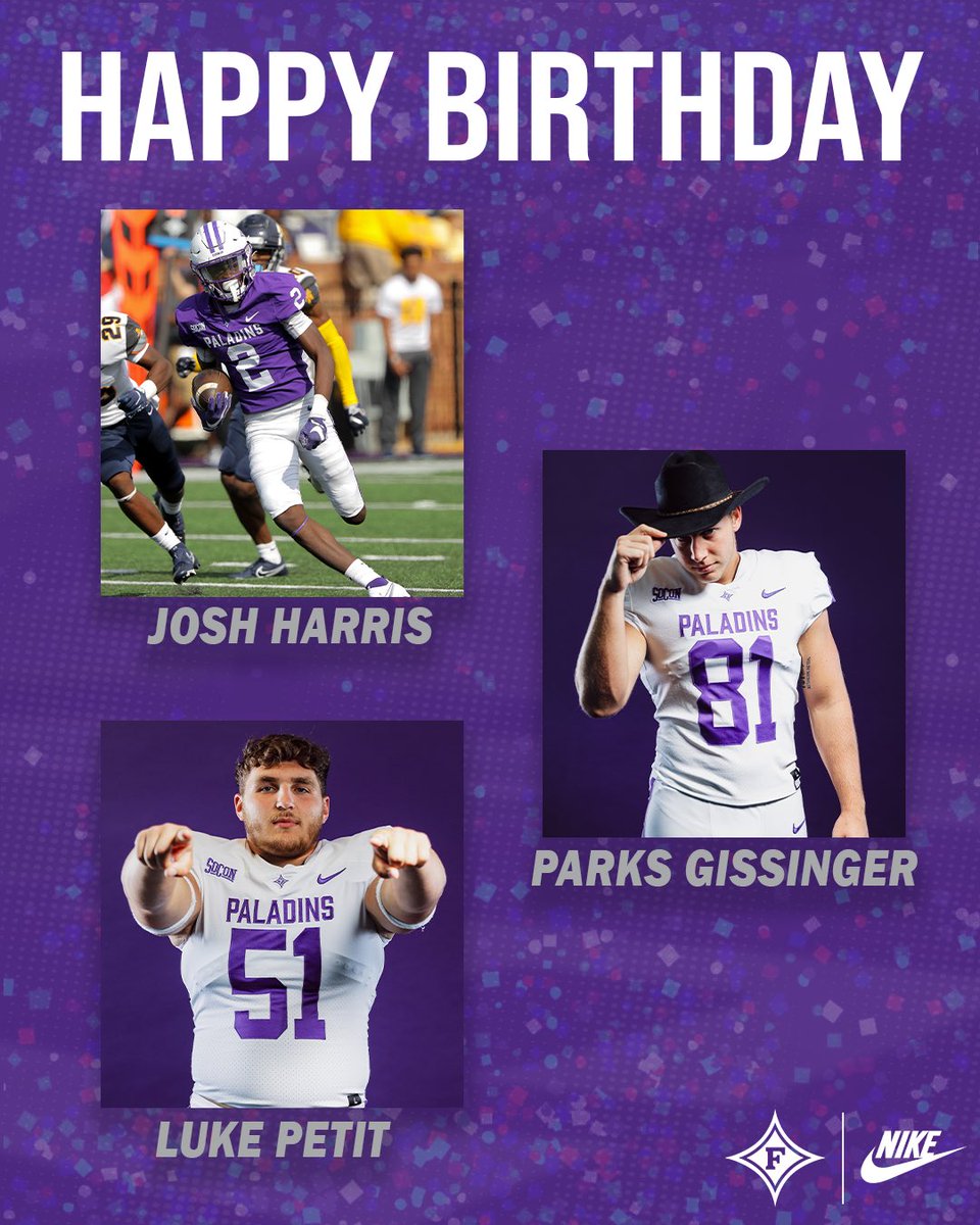 PaladinFootball's tweet photo. Happy Birthday to these guys 🎉🎉
@Joshuaharris07 
@LukePetit2 
@ParksGissinger https://t.co/0x81ROyM69