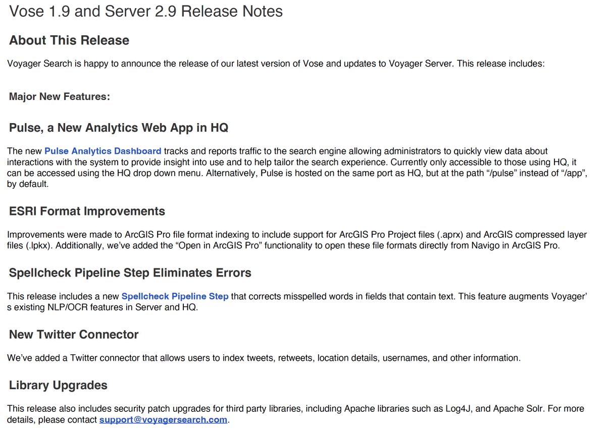 We're excited to announce the release of Vose 1.9 &amp; Voyager Server 2.9, featuring new Pulse Analytics Dashboard, improvements to indexing of certain <a href="/Esri/">Esri</a>  formats, a new Spellcheck Pipeline Step, &amp; a new Twitter Connector. Learn more: bit.ly/3pSQKQF