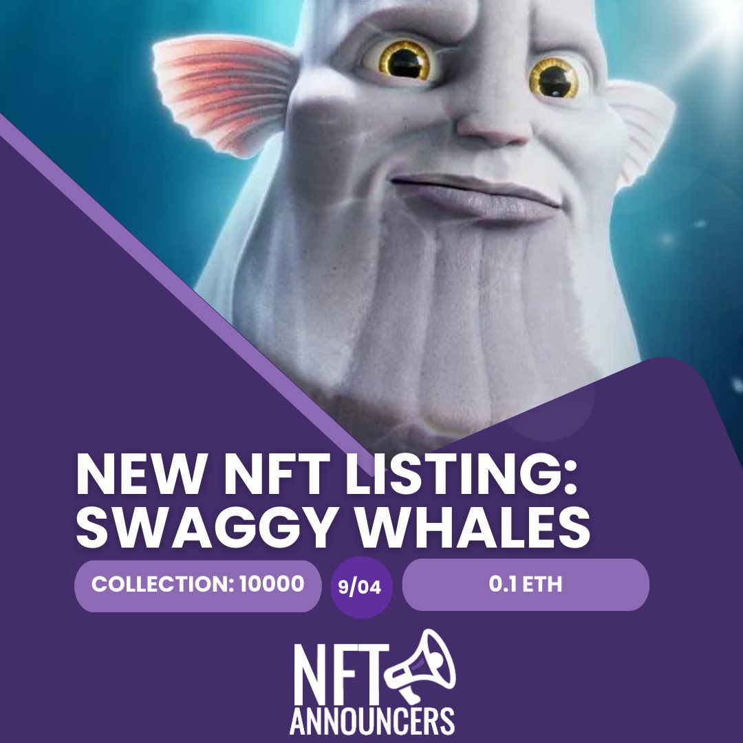 📢 Swaggy Whales has been listed!
⚡️ <a href="/SwaggyWhalesMC/">Swaggy Whales | Sold out</a> 
📅 #NFTMINT September 4
💰 0.1 #ETH   
🔗 nftannouncers.com/event/swaggy-w…

#NFT #NFTs #NFTdrop #NFTdrops #NFTCommunity
