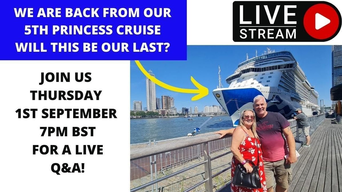 paulandcarole's tweet photo. Just to let you know we are going live again this Thursday 1st September at 7pm!
Join us to talk all things Princess and bring any other cruising questions too!
⬇️
https://t.co/YmiO8od1k7
#PrincessCruises #EnchantedPrincess #YouTubeLive #youtubers #youtubelivestreams https://t.co/8WjHAtxVJi