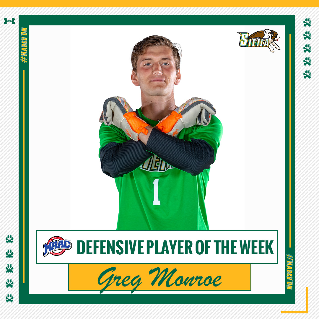 SienaSaints's tweet photo. ⚽️ Clean sheet ➡️ #MAACSoccer weekly award

Congrats to @SienaSoccer's @gregorymmonroe5 on earning MAAC Defensive Player of the Week honors 👏

📰 https://t.co/PLBJqHrRyN

#MarchOn | #SienaSaints | #NCAASoccer https://t.co/ukUTxyLTPD