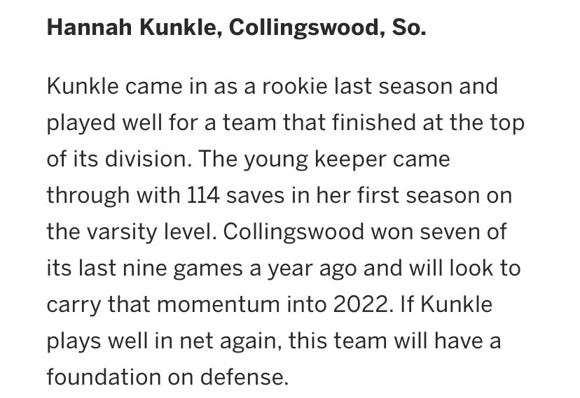 Congrats to Hannah Kunkle for being named of “One of the Top Goalies to Watch in the Colonial Conference” by NJ.com. #collsedu