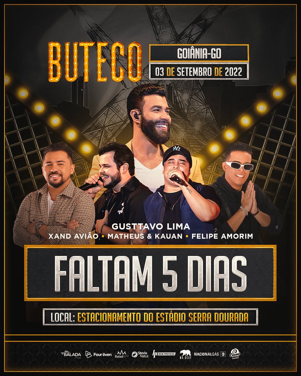 OficialButeco's tweet photo. O Grande Dia está chegando, Goiânia! Faltam apenas 5 dias para o maior Buteco do mundo e a ansiedade já tá a mil por aqui!! Neste sábado (03/09), aniversário do Embaixador @Gusttavo_Lima, tem #ButecoGYN no Estacionamento do Estádio Serra Dourada. https://t.co/5bBkEz7BWS