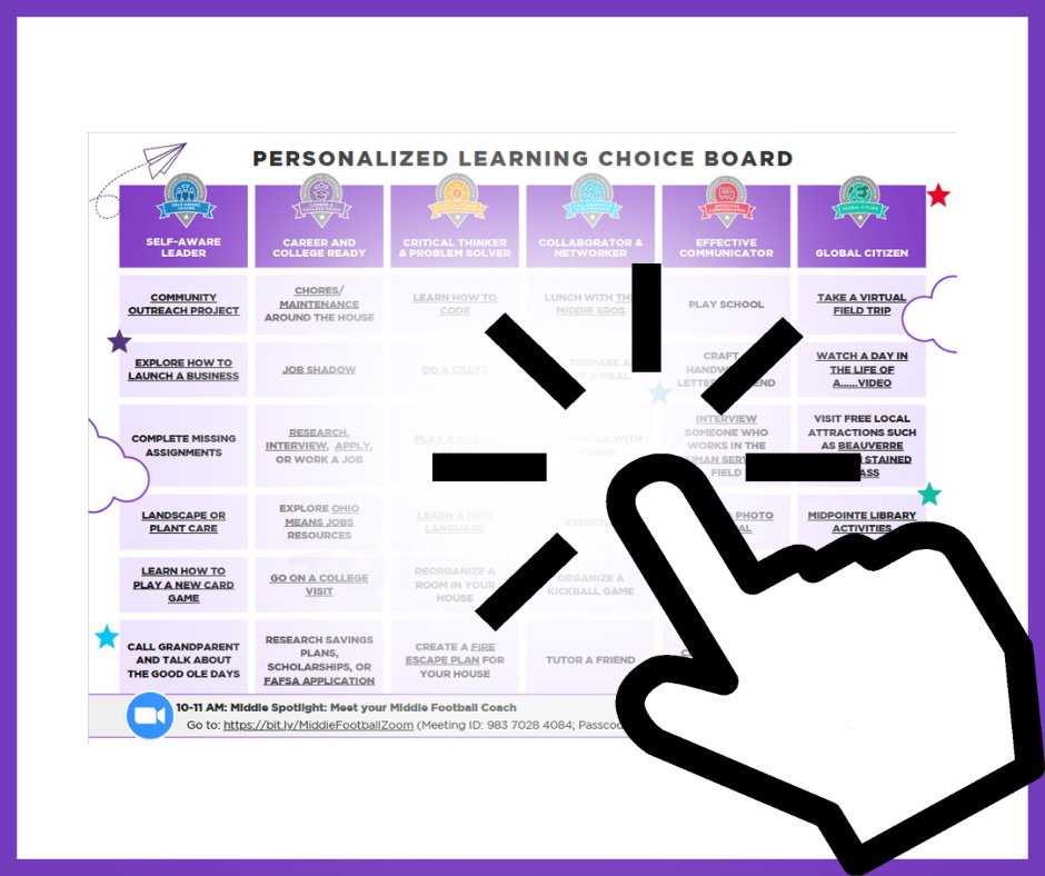 MiddletownOH's tweet photo. 🗣Sept 6 is a Personalized Learning Day! Students will not report to school, but this isn't a “day off.” Ss will design a learning opportunity like lunch w @MPDOhio SROs, Zoom w @MiddiesFB coach, virtual field trips, going to work w an adult, &amp; more!
🔗https://t.co/klLDqlKGK0 https://t.co/GXP9kaSTZj