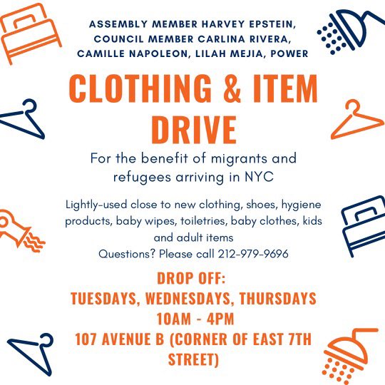 NYC Council Member Carlina Rivera (@cmcarlinarivera) on Twitter photo ***Accepting Donations***
Starting tomorrow you can drop off clothing and items for recently arrived migrants and refugees at 107 Ave B w/ <a href="/HarveyforNY/">Harvey Epstein</a>
Thank you <a href="/LilahLMejia/">Lilah Mejia</a> <a href="/Powermalu/">@Powermalu</a> and Camille for all your work to take care of our community. ***Accepting Donations***
Starting tomorrow you can drop off clothing and items for recently arrived migrants and refugees at 107 Ave B w/ <a href="/HarveyforNY/">Harvey Epstein</a>
Thank you <a href="/LilahLMejia/">Lilah Mejia</a> <a href="/Powermalu/">@Powermalu</a> and Camille for all your work to take care of our community.