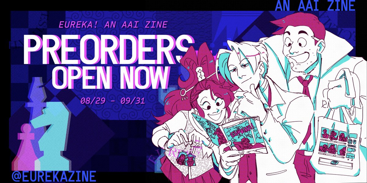 eurekazine's tweet photo. Preorders for Eureka!, an AAI zine, are now live! Over 80 pages of art and writing celebrating the Investigations duology. Check the thread for further bundle information. Preorders close Sept. 31st!

♟ LINK: https://t.co/tITJFJO4gp
♟ UK ONLY: https://t.co/ECKPx5QVY7 https://t.co/NVC0AmPJ7U