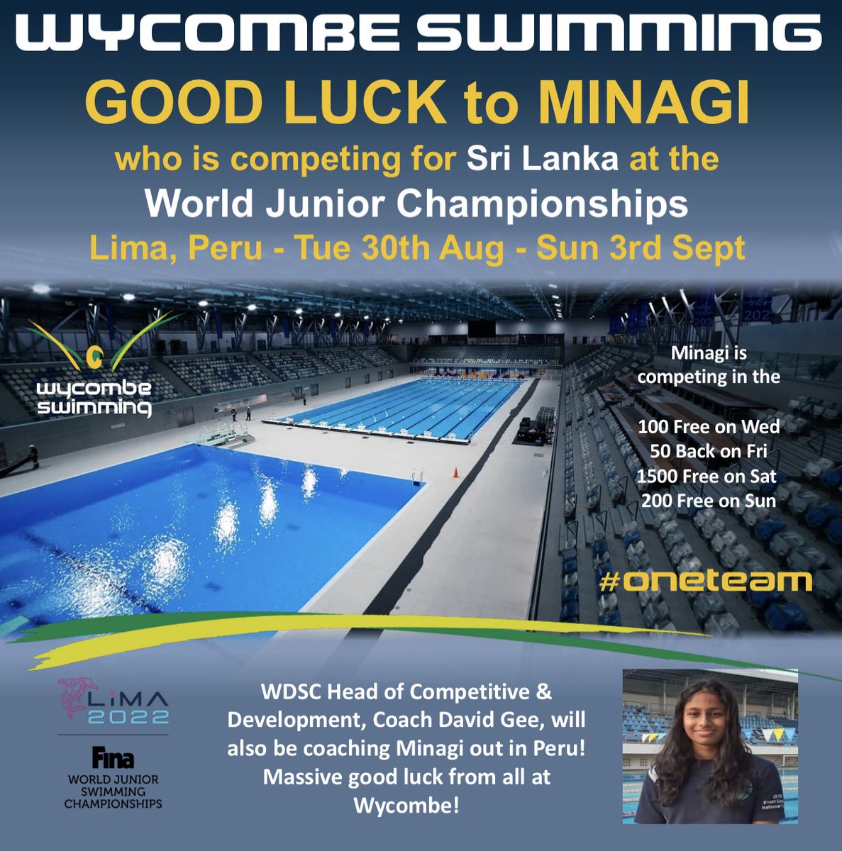 Wycombe_Swim's tweet photo. HUGE GOOD LUCK to Minagi &amp; Coach Dave Gee who are out in Peru which plays host to the 

⭐️ WORLD JUNIOR SWIMMING CHAMPIONSHIPS 2022 ⭐️

Minagi will be representing Sri Lanka 🇱🇰&amp; coach Dave was selected to attend as her representative coach 🙌

#oneteam #WycombeSwimming #proudclub https://t.co/4LjEZ5qC0z