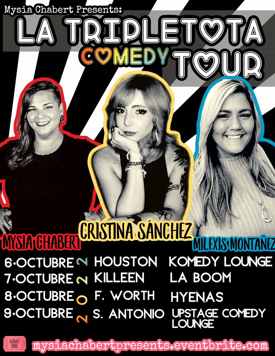Por 1era vez en la historia, se unen estas tres estrellas de la comedia Boricua
LA TRIPLETOTA TOUR 
mysiachabertpresents.eventbrite.com

Busca tu cuidad, separa la fecha será una noche inolvidable con las ESTANDOPERAS q vienen a montarla con esta sabrosa Tripletota de humor #tripletotatour