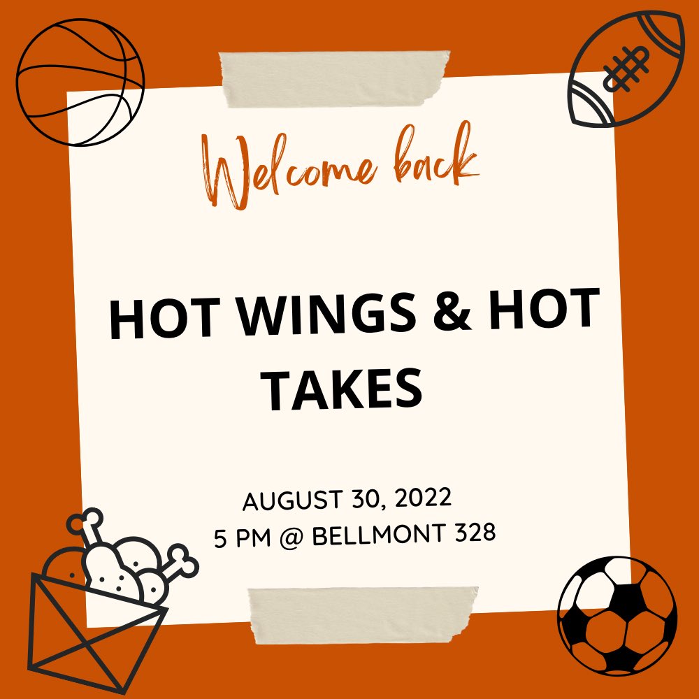 texassmc's tweet photo. WELCOME BACK!! We are so excited to be back and have our first meeting of the semester. We will be having our first social, hot wings and hot takes (wings will be provided). We hope that everyone can come out tomorrow at 5 PM to Belmont 328 and have a good time discussing sports! https://t.co/ZCAtEh6MpO