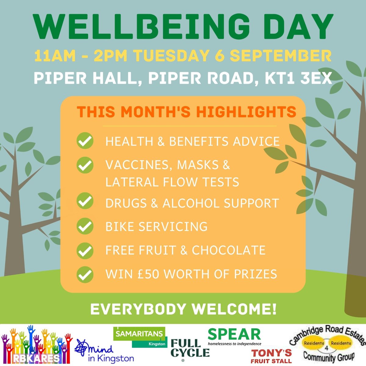 rbkares's tweet image. We are happy to be be running another wellbeing event on 6/09 kindly hosted by Tuesday lunch club @RoadCrest 
@MindinKingston @KingstonVA @sams_kingston @SPEARLondon @KAG_advocacy @FullCycleBP, the vaccination team will all be there to help with advice, treats &amp;amp; a prize draw!