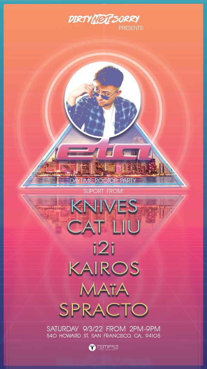 ☀️ THIS SATURDAY ☀️ It’s Labor Day weekend so we’re celebrating at a day-time rooftop party <a href="/Temple_SF/">Temple San Francisco</a> and headliner <a href="/ETAsounds/">eta</a> from LA 🎶

W/<a href="/DJ_I2I/">i2i</a> + <a href="/dj_knives/">DJ Knives</a> + Cat Liu + Kairos + Maïa + <a href="/spracto/">Spracto</a> on Support 🔊

Text us now for FREE Guest-list 📲 ✅👉 Bbit.ly/3QW0AwV