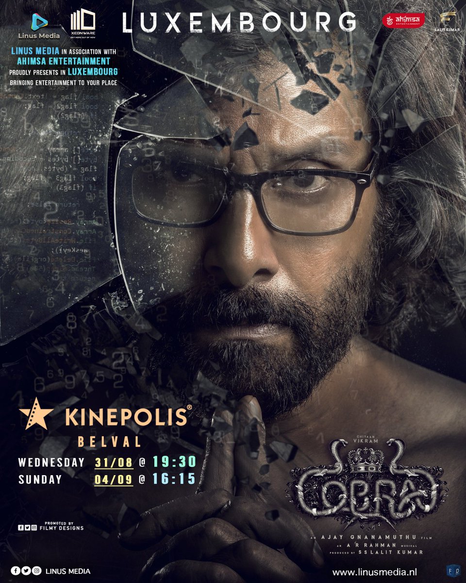 Chiyaanajith7's tweet photo. #ChiyaanVikram’s #Cobra #Luxembourg booking is opened 💥
🇱🇺 release by @LinusMediaNL #linusmedia 🎞
Book your tickets now!!!
@chiyaan @AjayGnanamuthu @arrahman @7screenstudio @SonyMusicSouth @SrinidhiShetty7 @IrfanPathan @roshanmathew22 @ahimsafilms https://t.co/BygLM8dYzC