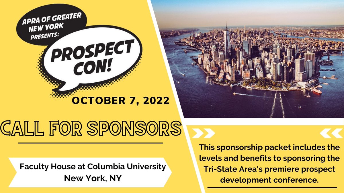 Apra_GNY's tweet photo. Call for Sponsors for ProspectCon 2022! #prospectdevelopment #prospectcon2022 #prospectcon #prospectresearch #prospectdevelopment #fundraisingnyc #fundraising #apra #apragreaternewyork #apragny https://t.co/CAqOmcYX2N