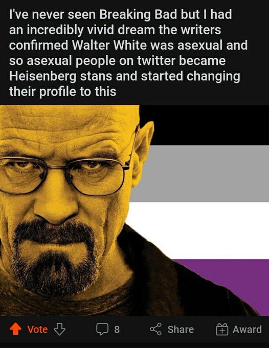 AceSpecOTD's tweet photo. thread of asexual walter white images from the discord server 
miiiight update this sometimes - ✨ https://t.co/EvqycKdOXx