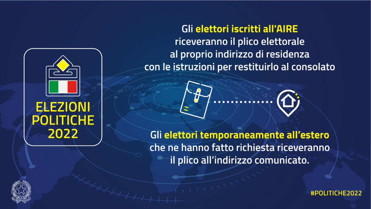 ItaliaEnMendoza's tweet photo. #Politiche2022 🗳️
Gli elettori iscritti AIRE riceveranno il plico elettorale al proprio indirizzo di residenza con le istruzioni per restituirlo al consolato 📨

Gli elettori temporaneamente all’estero che ne hanno fatto richiesta riceveranno il plico all’indirizzo comunicato 📩 https://t.co/hkcu3ujAp3