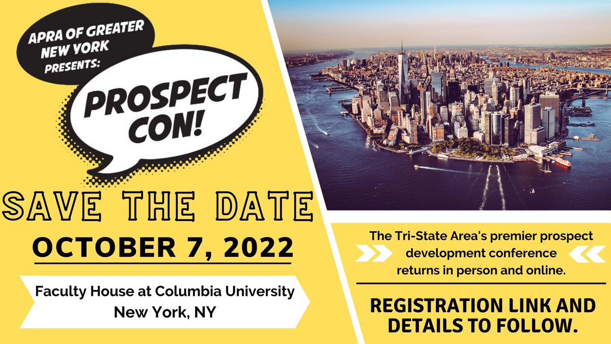 Apra_GNY's tweet photo. Hello All Prospect Development Professionals, APRA of Greater New York's ProspectCon 2022 is Coming Your Way this Fall! #apra #apragreaternewyork #apragny #prospectcon #prospecting #prospectresearch #prospectdevelopment #fundraising #fundraisingnyc #development #nonprofit https://t.co/OFv64is7cw