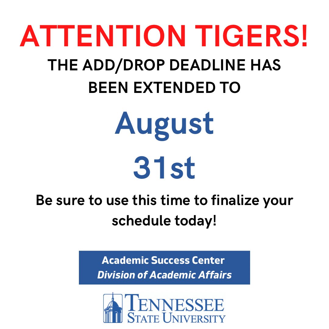 TSU_AARC's tweet image. Students, The registration deadline has been extended! Finalize your schedules today! #TSU23 #TSU24 #TSU25 #TSU26 #GoBigBlue