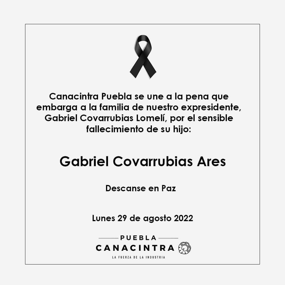 canacintrap's tweet photo. Canacintra Puebla expresa su pesar ante el lamentable fallecimiento de Gabriel Covarrubias Ares, hijo de nuestro expresidente Gabriel Álvaro Covarrubias Lomelí @GCovarrubiasL.
Nos unimos en oración por el eterno descanso de su alma y hacemos llegar nuestras condolencias. ✝️ https://t.co/2jR1MUfyE9