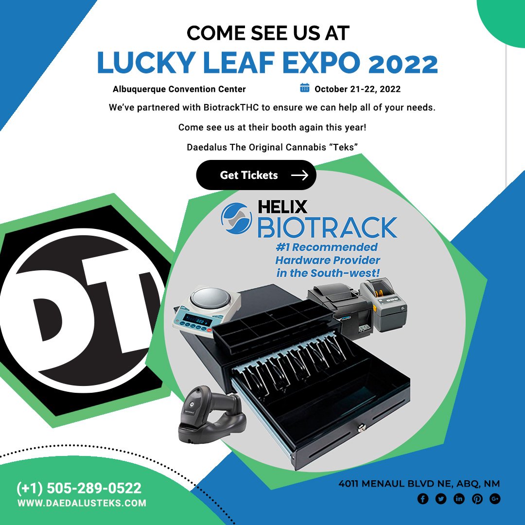 DaedalusTeks's tweet image. Lucky leaf is right around the corner! Come see us at the @BioTrackTHC  booth. We are happy to say hi and answer any questions you may have. Make sure you don't miss out and get your tickets today! Stop by or give us a call to see what we can do for you! 
#luckyleaf #DT #Biotrack