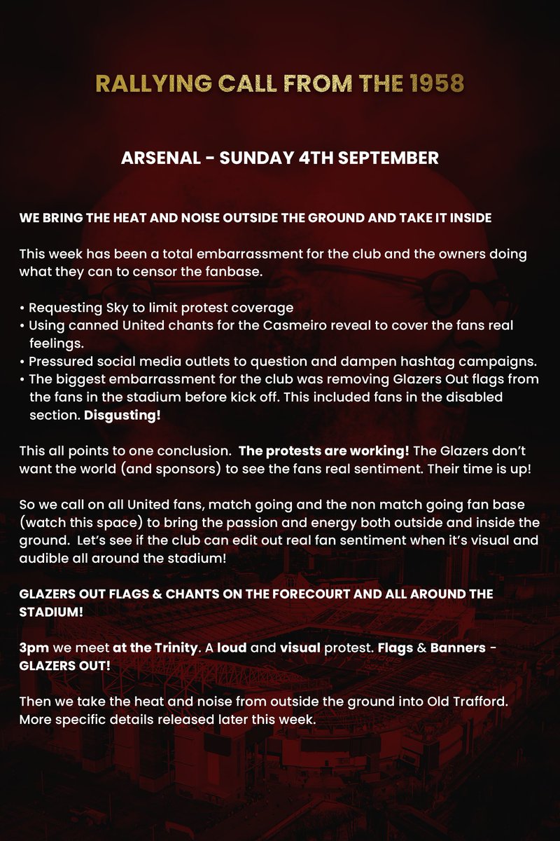 The__1958's tweet image. Details for Arsenal! 

A different type of protest. Time to show the Glazers that the club belongs to the fans! 

Be loud. Be visual!

Please share and retweet! 

More details to follow🇾🇪
#FlagsInOldTrafford
