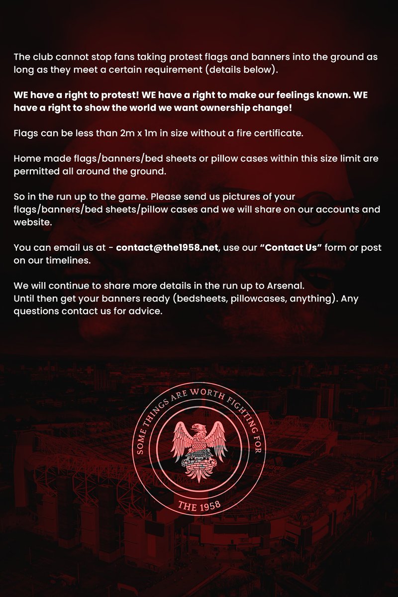 The__1958's tweet image. Details for Arsenal! 

A different type of protest. Time to show the Glazers that the club belongs to the fans! 

Be loud. Be visual!

Please share and retweet! 

More details to follow🇾🇪
#FlagsInOldTrafford