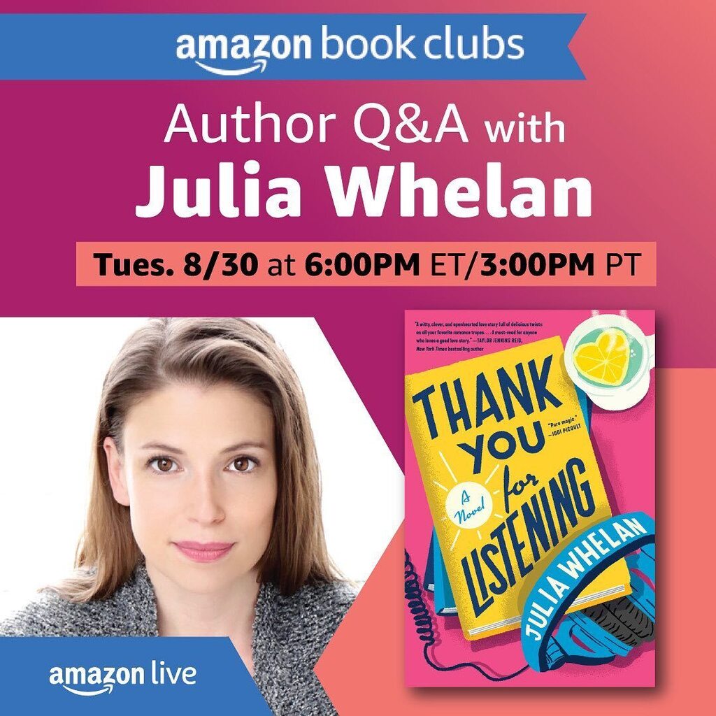 justjuliawhelan's tweet photo. Tomorrow 8/30 at 6pm ET, I’ll be chatting with @sarahgelman and Amazon’s Sarah Selects book club about THANK YOU FOR LISTENING. Join us at the top link in my bio!
.
.
.
#thankyouforlistening #juliawhelan #amazonbooks #sarahselects #virtualevent #bookclu… https://t.co/38oKQ6sRFE https://t.co/Qh1kxv1OJL