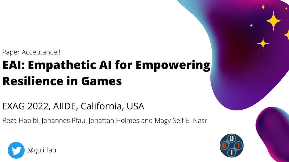 guii_lab's tweet image. Congratulations to @rezahbi, Johannes Pfau, Jonattan Holmes, and @magiseif on @AIIDEconference @exag20xx 2022 paper acceptance! #aaai #aiide #exag