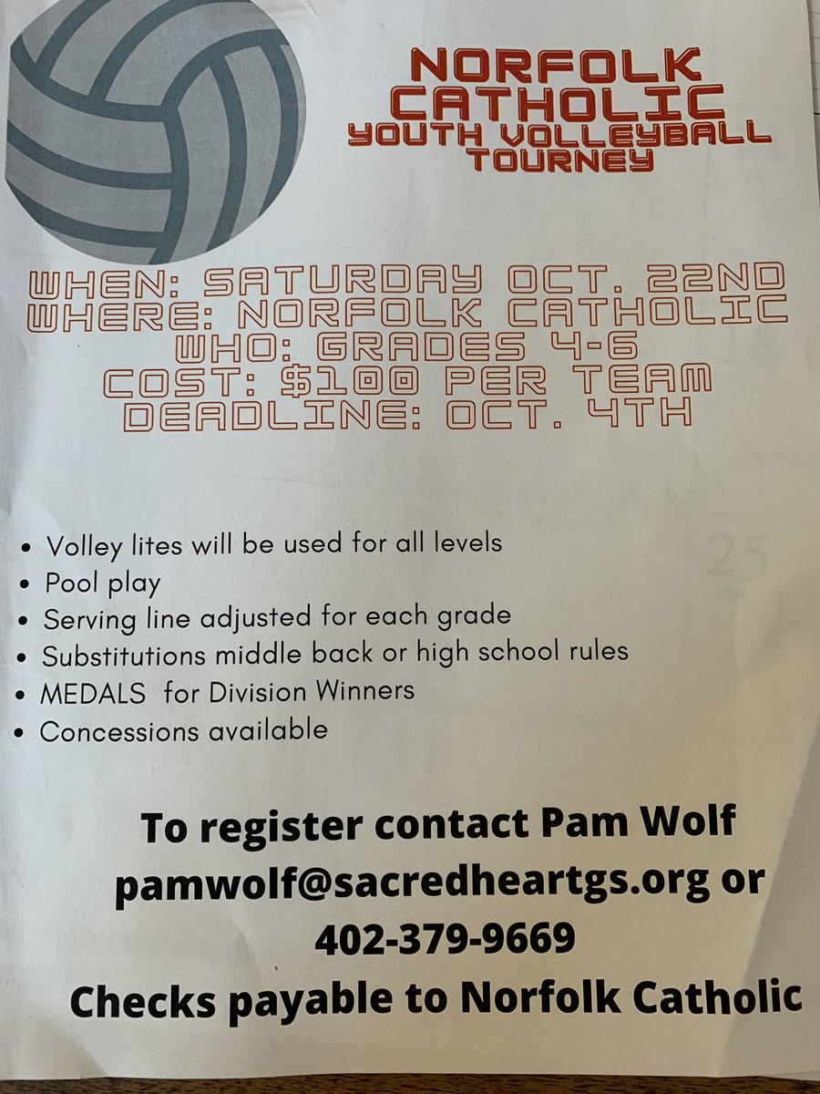 LadyKnightVBALL's tweet photo. Norfolk Catholic is hosting a youth volleyball tourney! Looking for teams in 4th,5th, and 6th grade!! Get signed up today!  #gettingexperienceisthekey 🏐🤩🏅 https://t.co/mhifrkGeuL