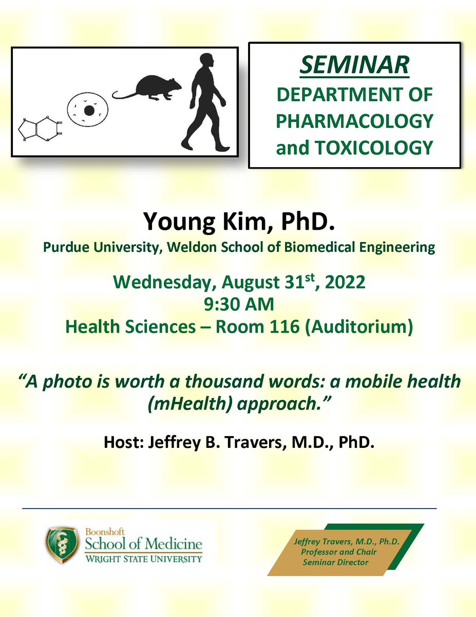 Please join us on Wednesday, August 31st, at 9:30 AM in HS 116. Dr. Young Kim from Purdue University will be presenting. A live-stream of the presentation will be available: 

videoplayer.telvue.com/player/UkHhwMt…

#PharmToxWrightState  #pharmtoxwsu