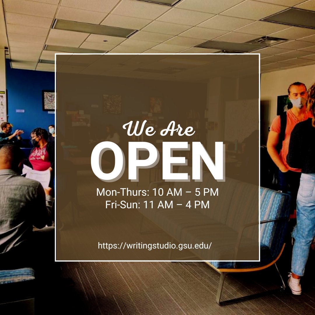 GSUWriting's tweet photo. We are open! Check out our schedule through the link in our bio and sign up for your appointment today.
Tags 🏷
#WriteOnGSU #writingcenter #writing https://t.co/4zaYr3muzZ
