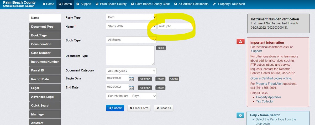 ClerkPBC's tweet photo. Here's an Official Records #SearchTip: When searching for a name, you should enter the Last Name followed by First Name without a comma. For example “Smith John”. 

Plus, each page has a blue 'Help' box on the right with extra search tips! https://t.co/AAGFASOvX9