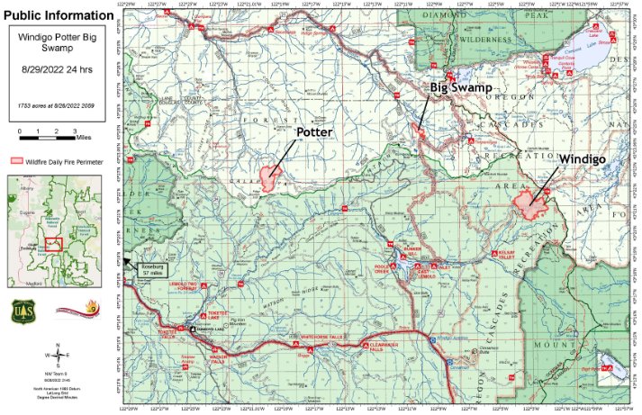 UmpquaNF's tweet photo. 8/29/2022: #WindigoFire, #PotterFire, and #BigSwampFire updates can be found here: https://t.co/Fc48ufqqTr https://t.co/s8fD1UqqTj