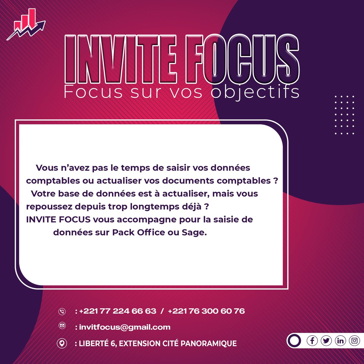 invite_focus's tweet photo. Avec INVITE FOCUS, Soyez à jour sur la saisie de vos données financières!

Adresse: Liberte 6 Extension 
Contact: 77 224 66 64

#comptabilité #assistancecomptable #assistanceadministrative #management #consulting #microentreprise #entreprise #event #entrepreneur #organisation https://t.co/OxFmX3Vxdz