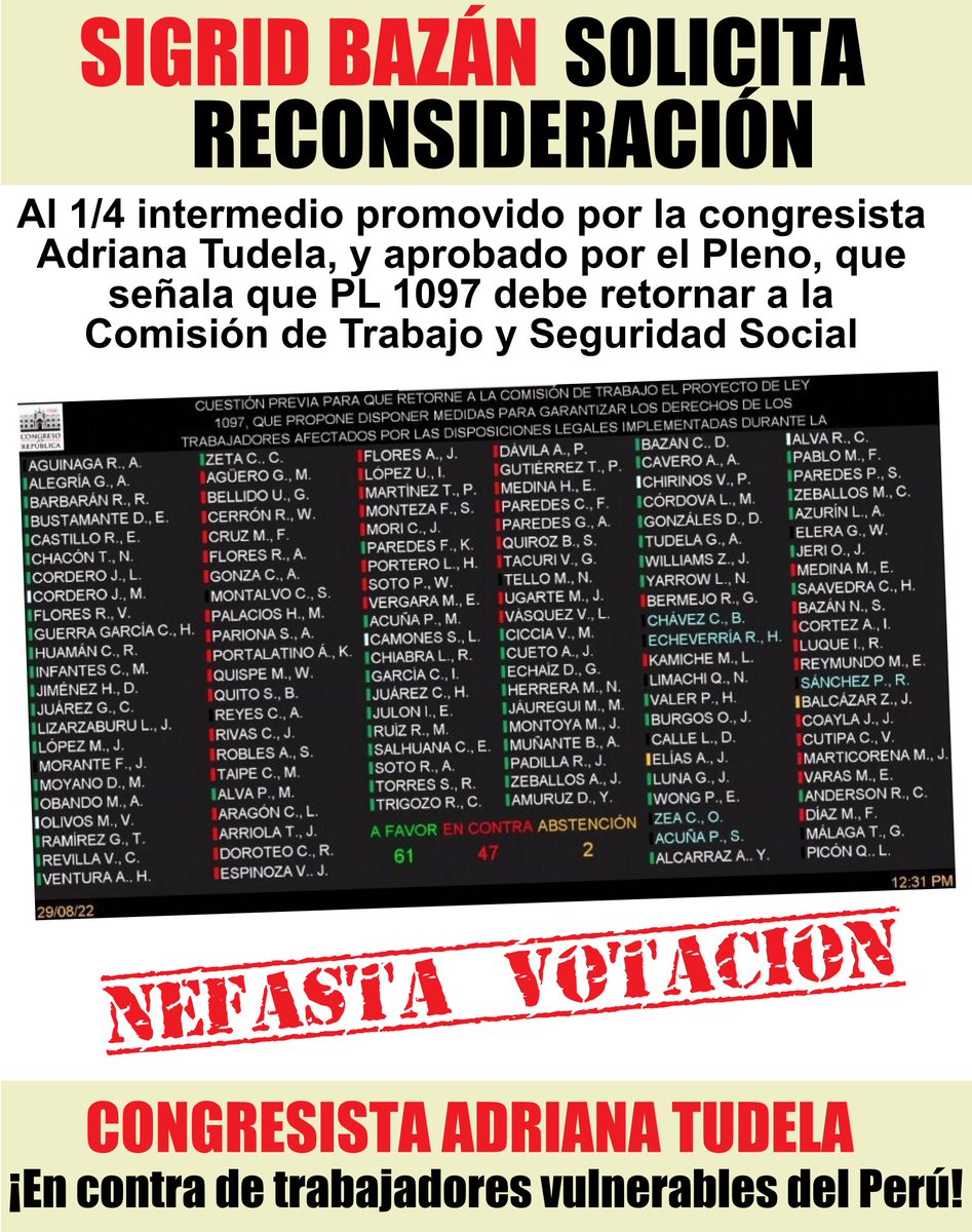 InfoSindicatos's tweet photo. Presidenta de la Comisión de Trabajo @congresoperu, @sigridbazan, solicita RECONSIDERACIÓN al 1/4 intermedio promovido por la congresista @adrianatudelag y aprobado por el Pleno para que PL 1097 retorne a Comisión. ¡Nefasta acción en contra de trabajadores vulnerables del Perú! https://t.co/G4y77O7Rqk