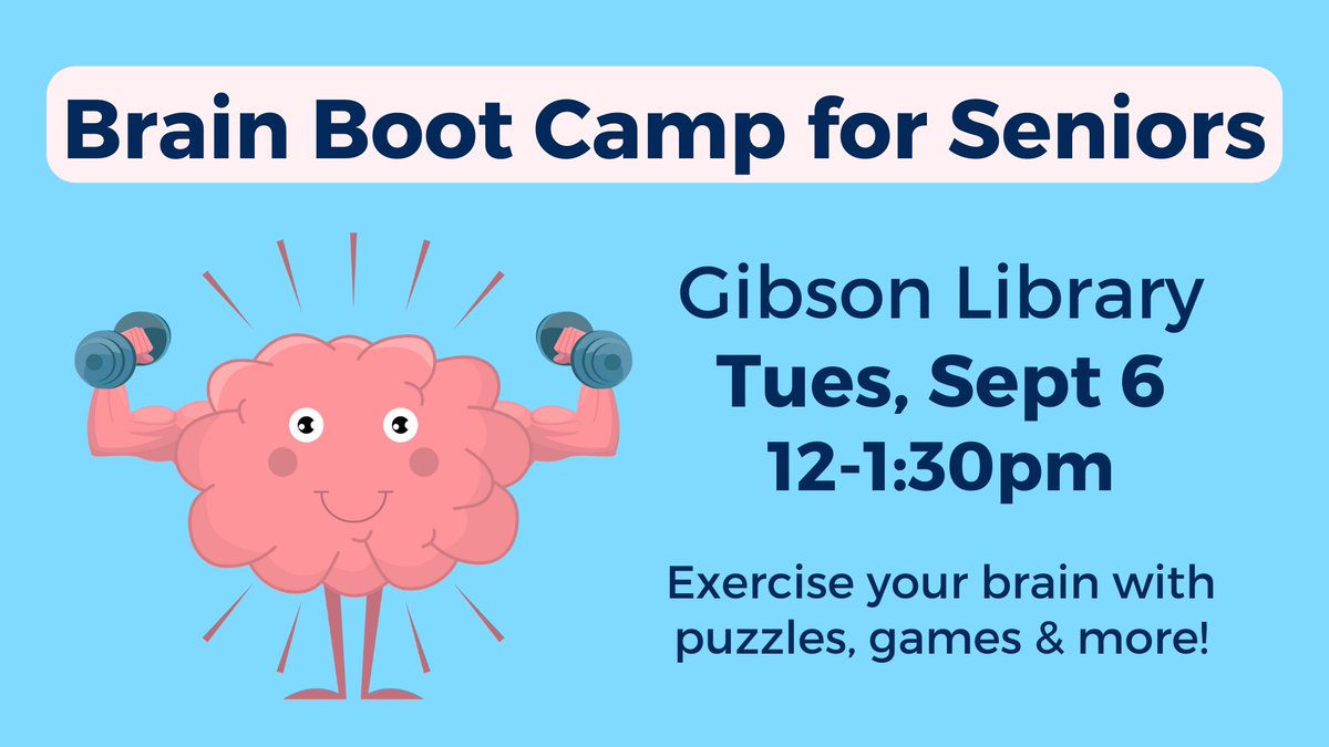hendersonlibs's tweet photo. Seniors, come exercise your mind with brain teasers, games, puzzles & more at the Gibson Library! π§ βπ§© We'll be meeting the 1st Tues of the month starting in Sept.
#BRAINBOOTCAMP
Tues, Sept 6 @ 12pm
https://t.co/XhmeWp2vhA https://t.co/MPIsl2FkRp