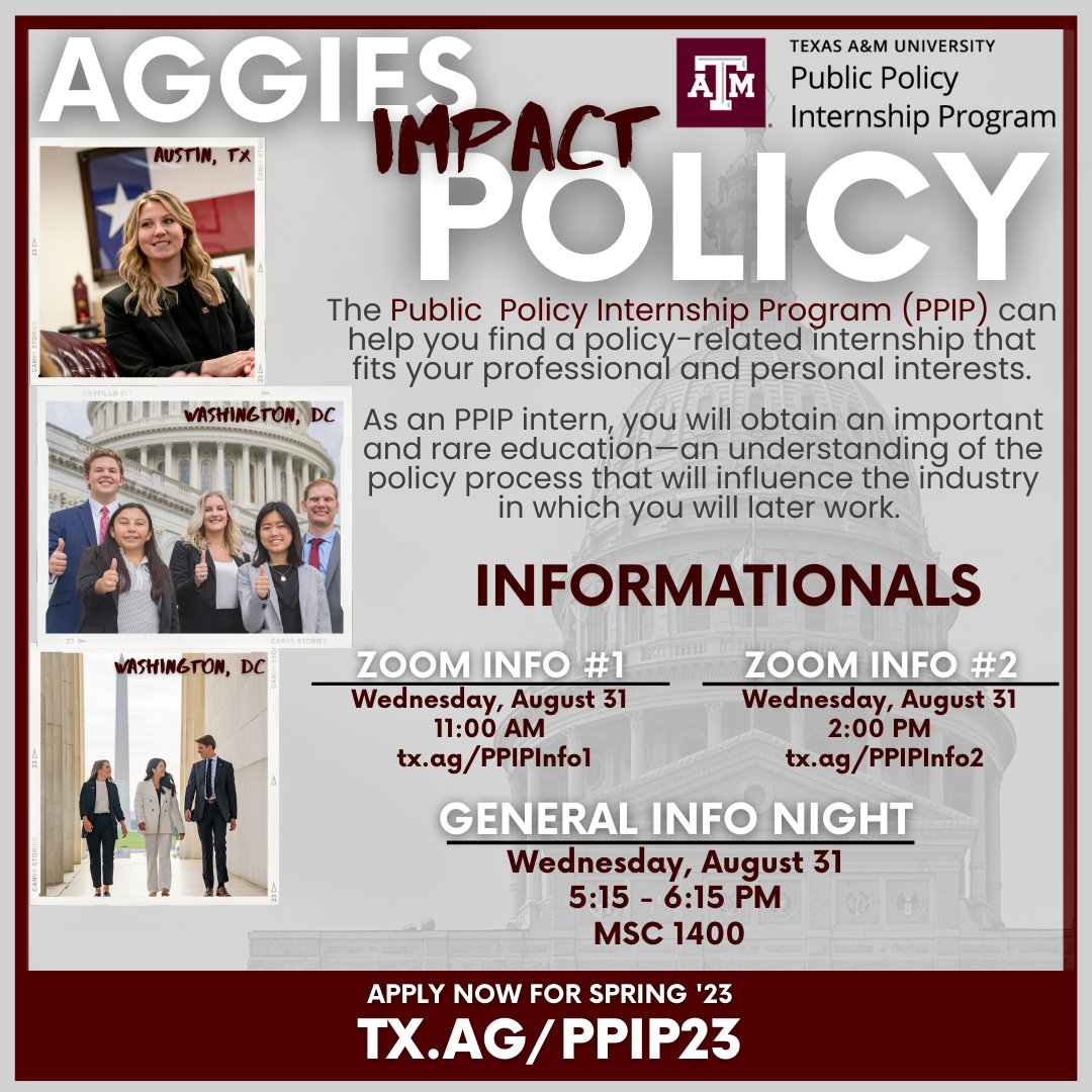 TamuPPIP's tweet image. THIS WEEK: Join us for a PPIP Information happening this Wednesday! Plenty of chances to find out if PPIP is right for you! 

Join us in-person on virtually through one of our Zoom options! 

Where will your internship journey take you? Come find out! 

#AggieImpactPolicy